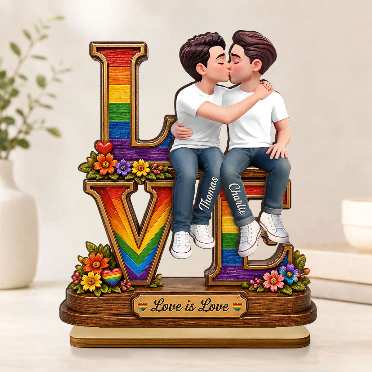 Love Is Love LGBT+ Couple Rose - Personalized 2-Layered Wooden Plaque - Gift For Couple, Happy Pride Month