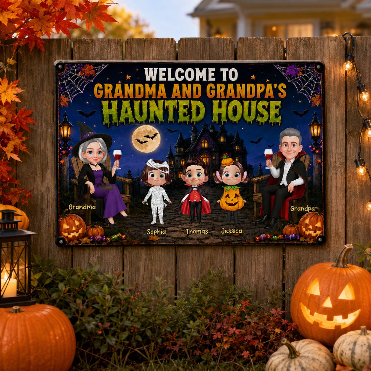 Whimsical Grandma & Grandpa's Haunted House With Grandkids - Personalized Metal Sign - Halloween Decoration For Grandparents