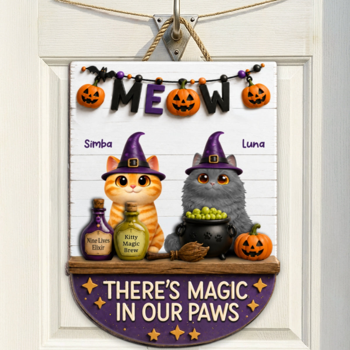 There's Magic In Cat Paws - Personalized Door Hanger - Halloween Decoration