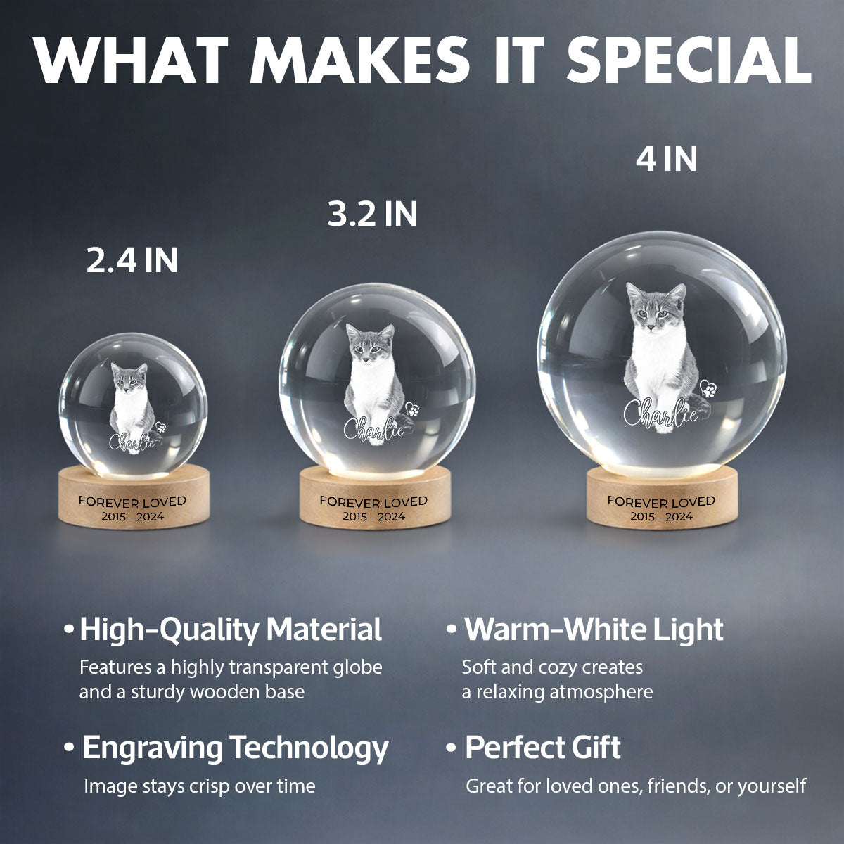 Custom Pet Photo Portrait Memorial - Personalized Crystal Ball LED Night Light - Heartfelt Gift for Pet Lovers, Pet Remembrance