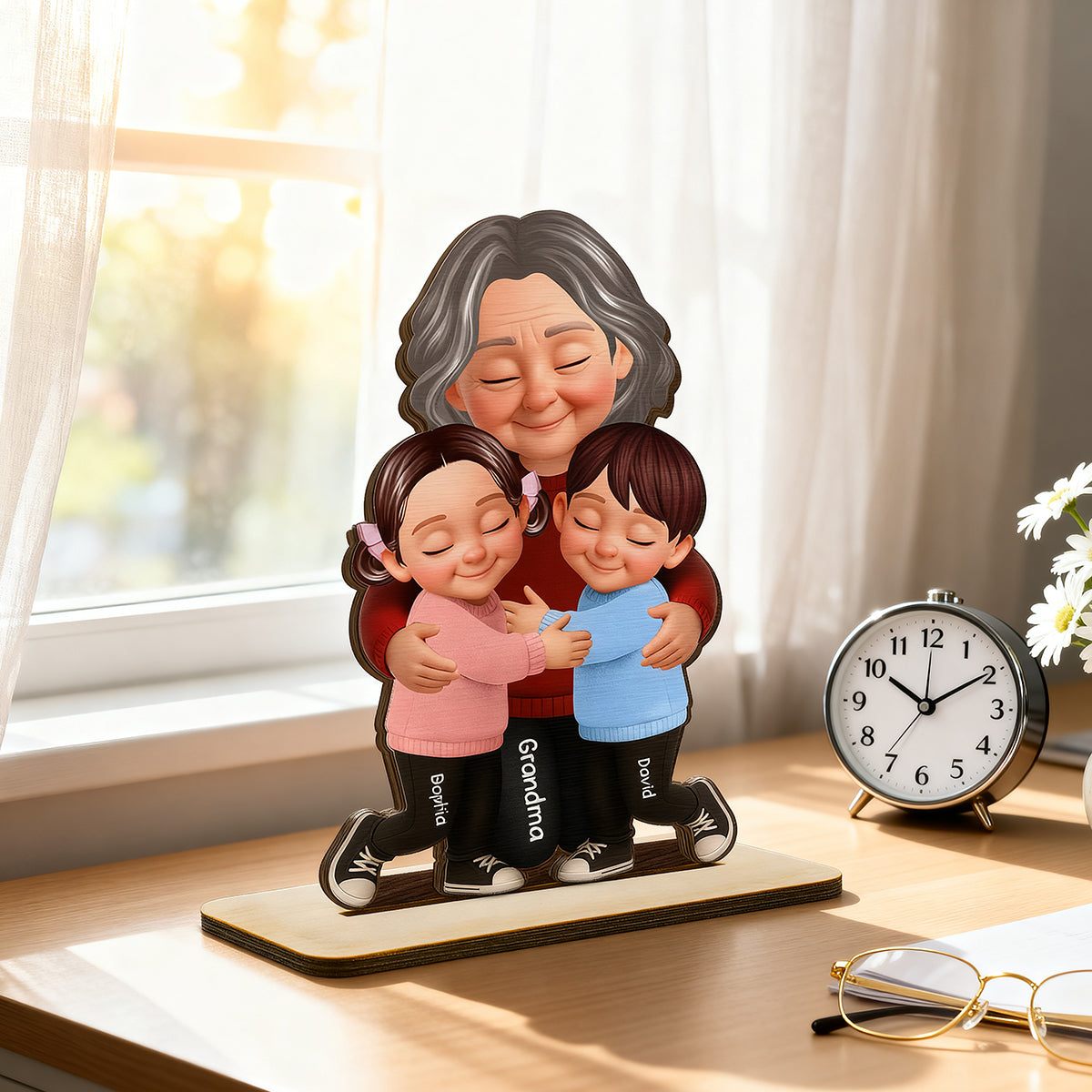 Grandma Hugging Grandkids - Personalized 2-Layered Wooden Plaque - Heartfelt Gift for Grandma