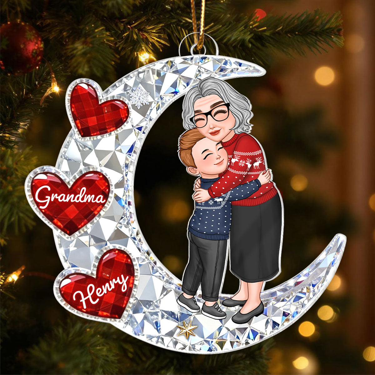 3D Crystal Effect Grandma Grandkid Hugging on Moon - Personalized Acrylic Ornament - Christmas Gift for Grandma, Grandkids
