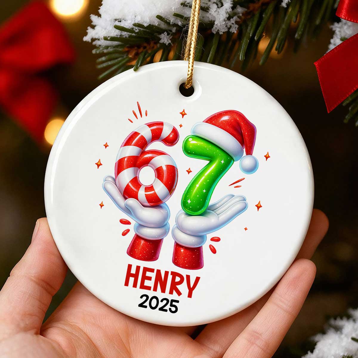 Funny Kids Six Seven Christmas -  Personalized Ceramic Ornament - 2025 Slang Christmas, Funny Teen Grandkid Ornament, Gen Alpha Christmas Gift - 67 Gift