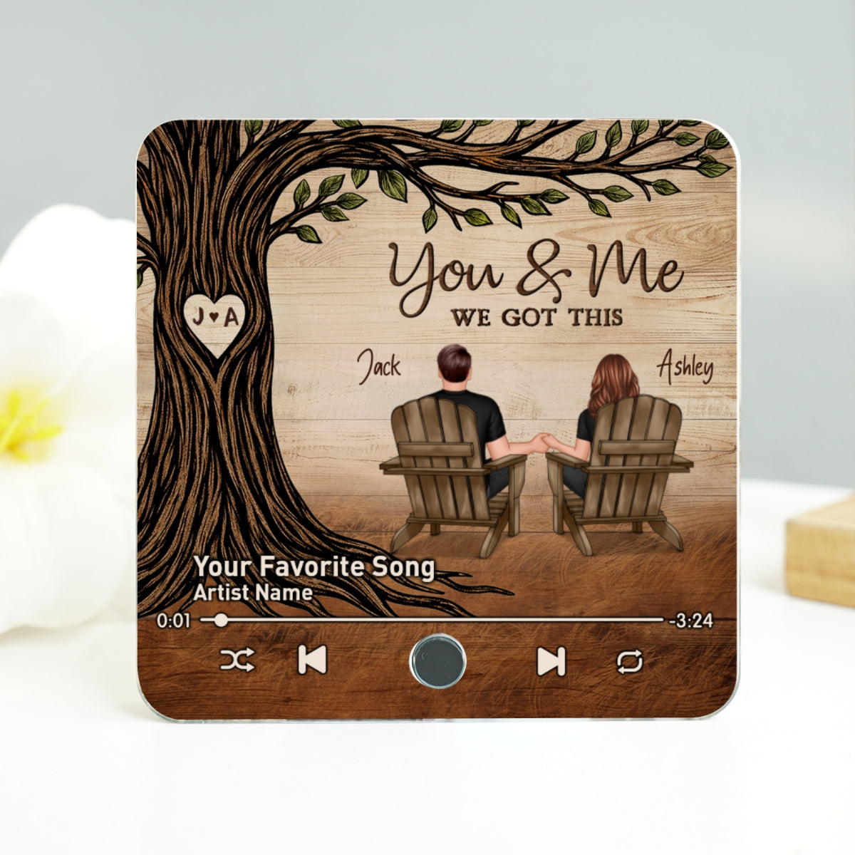 Couple Sitting Under Heart Carved Tree - Personalized Music Fridge Magnet - Valentine's Day Gift For Couple