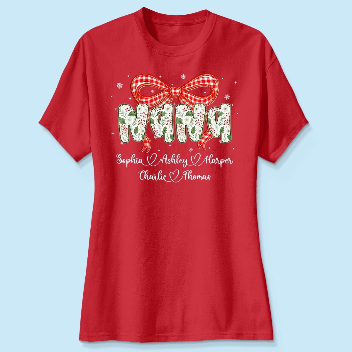 Grandma Coquette Floral Christmas Pattern With Kids Names - Personalized Shirt