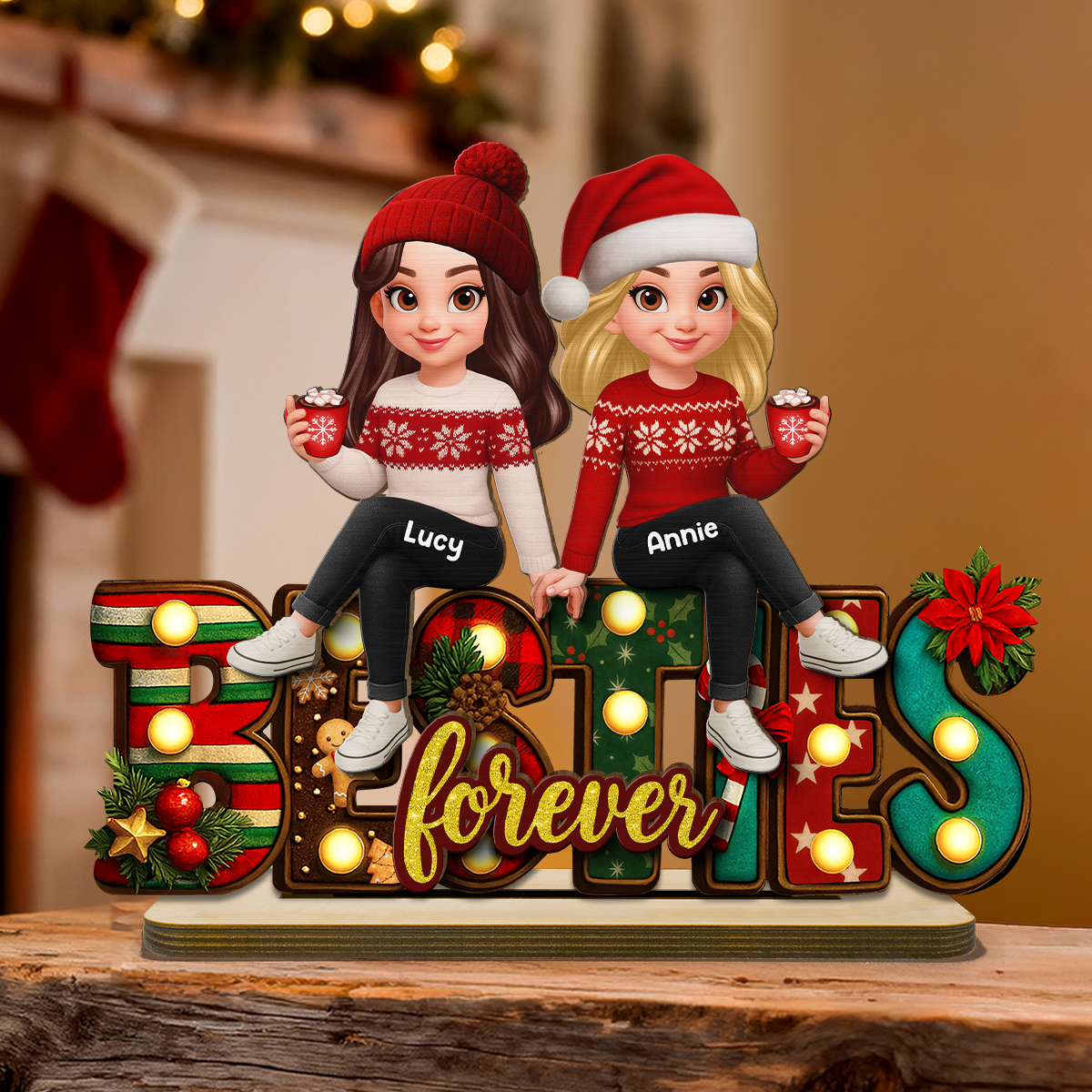 Festive Christmas Besties Together Christmas - Personalized 2-Layered Wooden Plaque