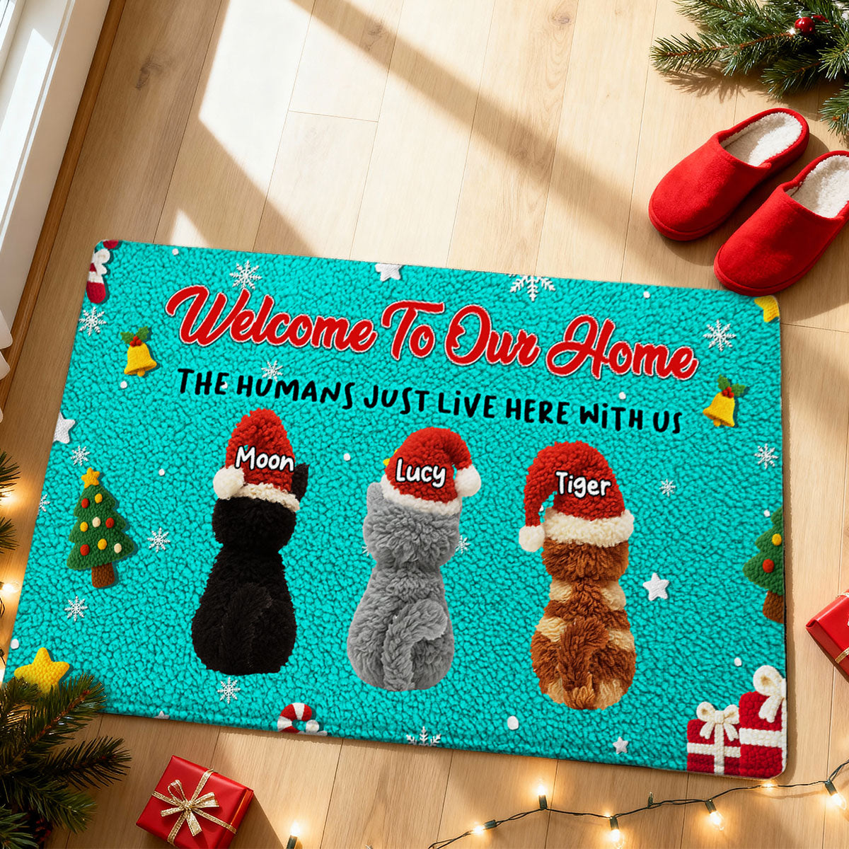 Welcome to Our Home The Humans Just Live Here - Personalized Doormat - Funny Cats Latch Hook Yarn Faux - Christmas Decor for Pet Lovers