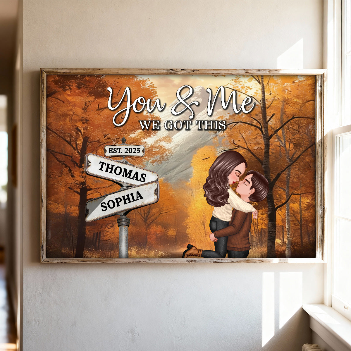 Couple Kissing Crossroads Street Sign Nostalgia Fall Theme - Personalized Poster - Anniversary, Valentine's Day Gift For Couple