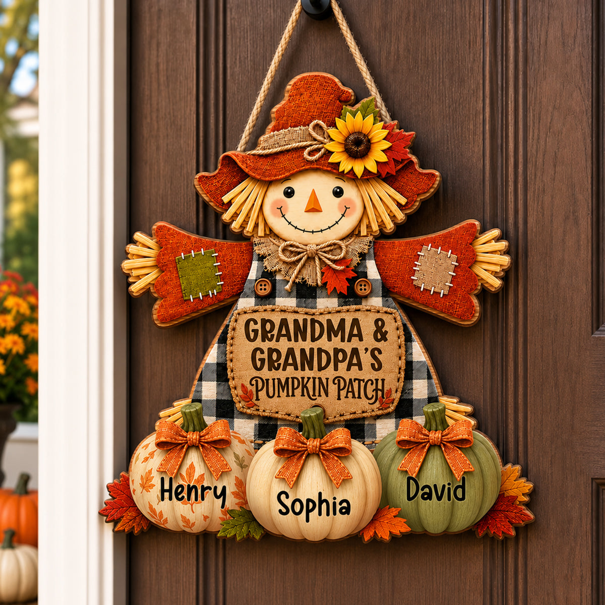 Grandma & Grandpa's Pumpkin Patch Scarecrow - Personalized Wooden Door Sign - Fall Front Porch Decor