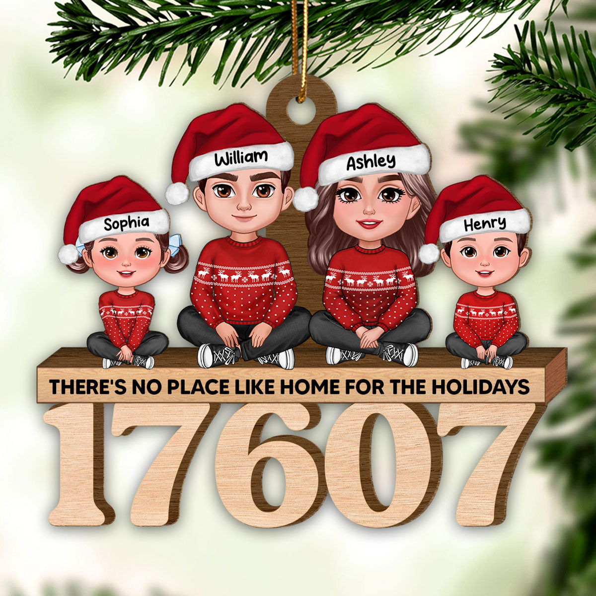 No Place Like Home Doll Family Sitting Zip Code - Personalized Wooden Ornament