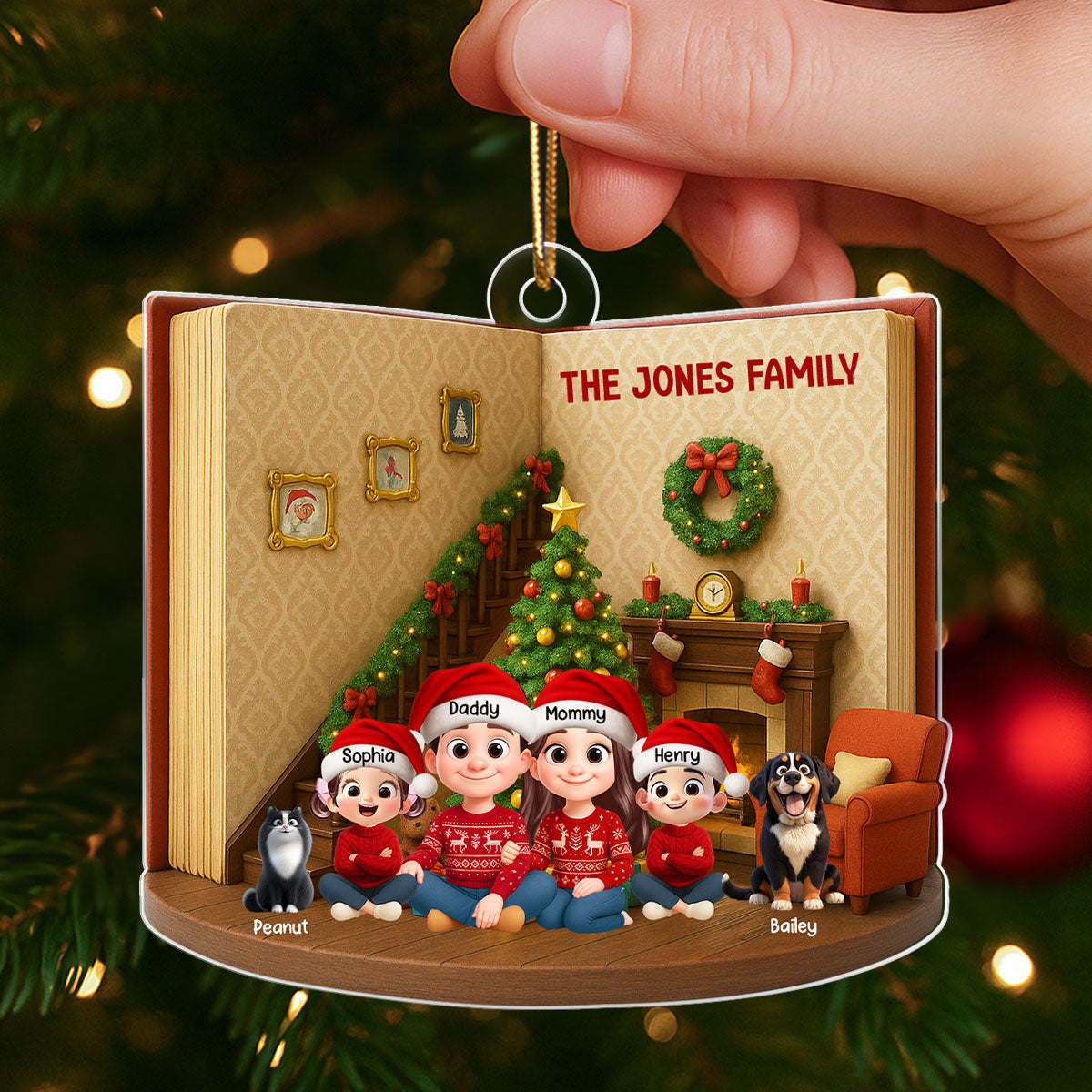 3D Book House Cozy Vibe Family Sitting Together - Personalzied Acrylic Ornament - Christmas Gift for Family