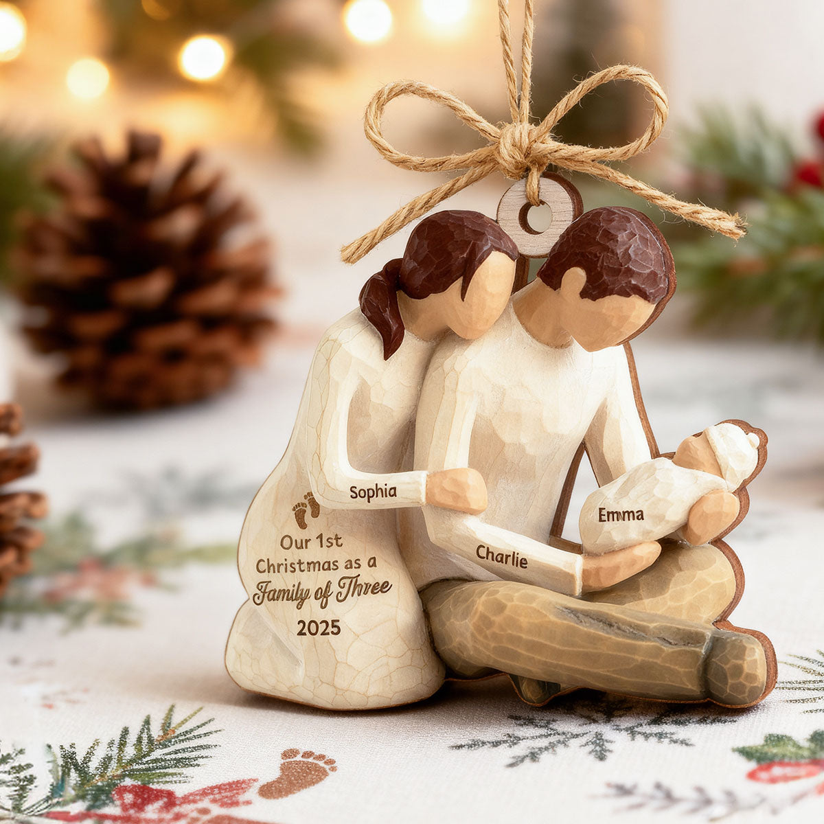 First Christmas As Family Of Three Mom Dad Holding Baby 2D Flat Printed - Personalized Wooden Ornament