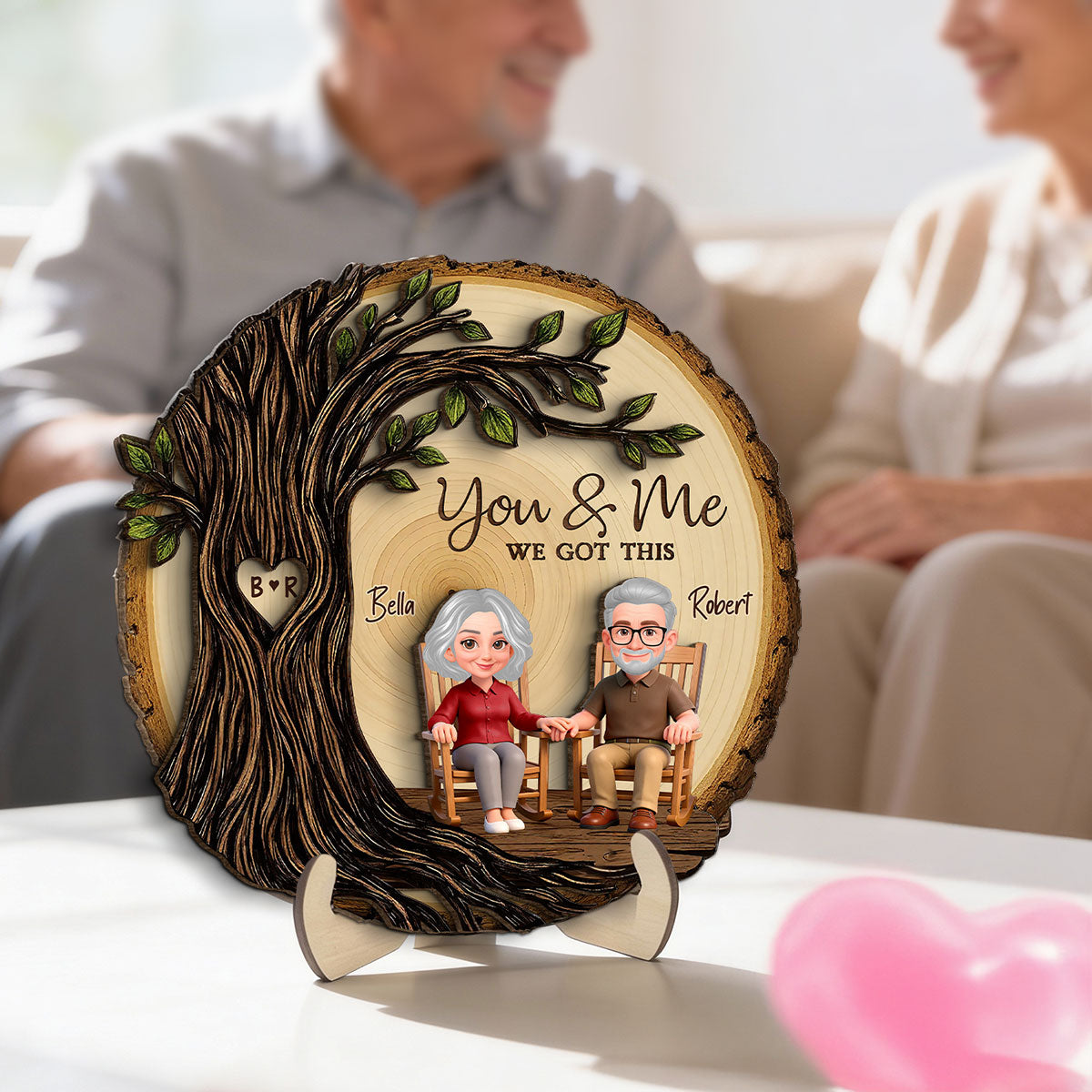 Old Couple Rocking Chair Under Heart Carved Tree - Personalized 2-Layered Wooden Plaque - Valentine's Day Gift For Couple