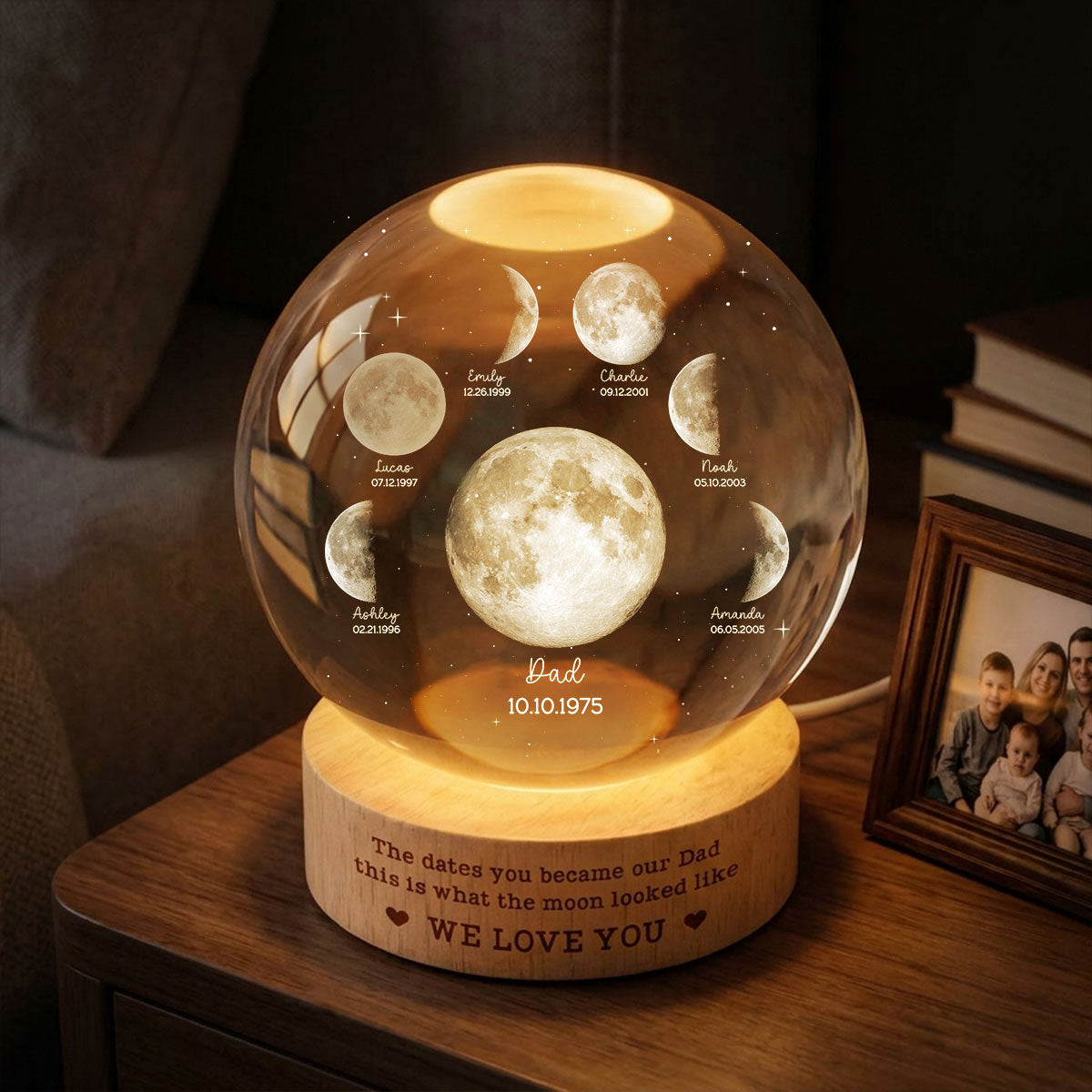 The Date You Became Our Dad - Personalized Crystal Ball LED Night Light - Custom Moon Phase by Date,  Gift for Dad, Husband