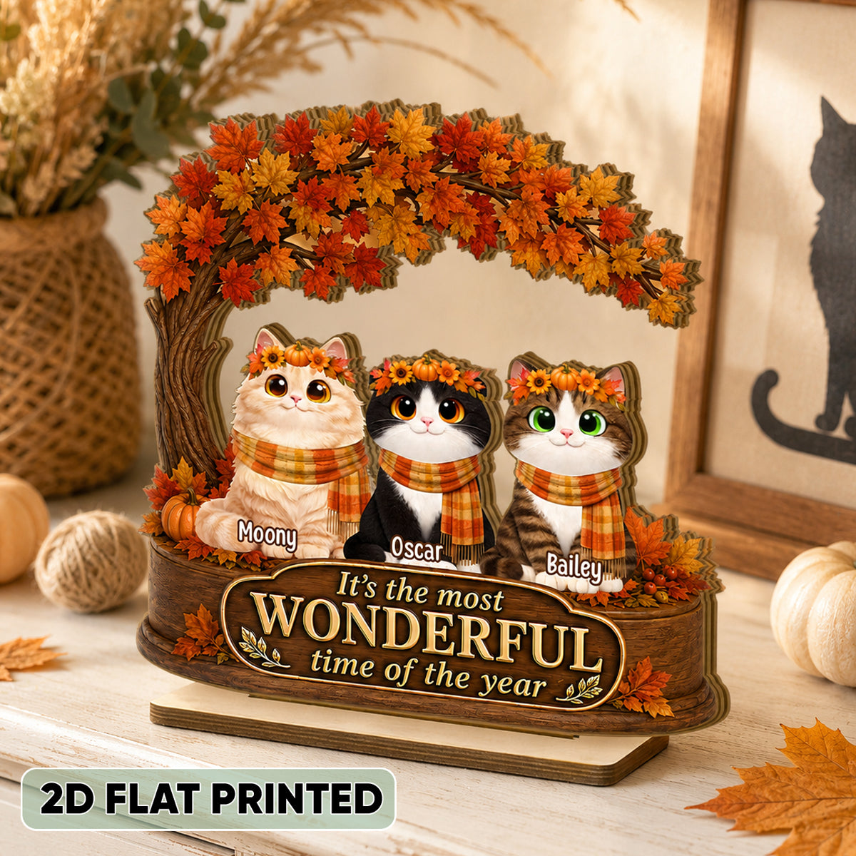 Most Wonderful Time of the Year Cats - Personalized 2-Layered Wooden Plaque - Fall Decor for Cat Lovers