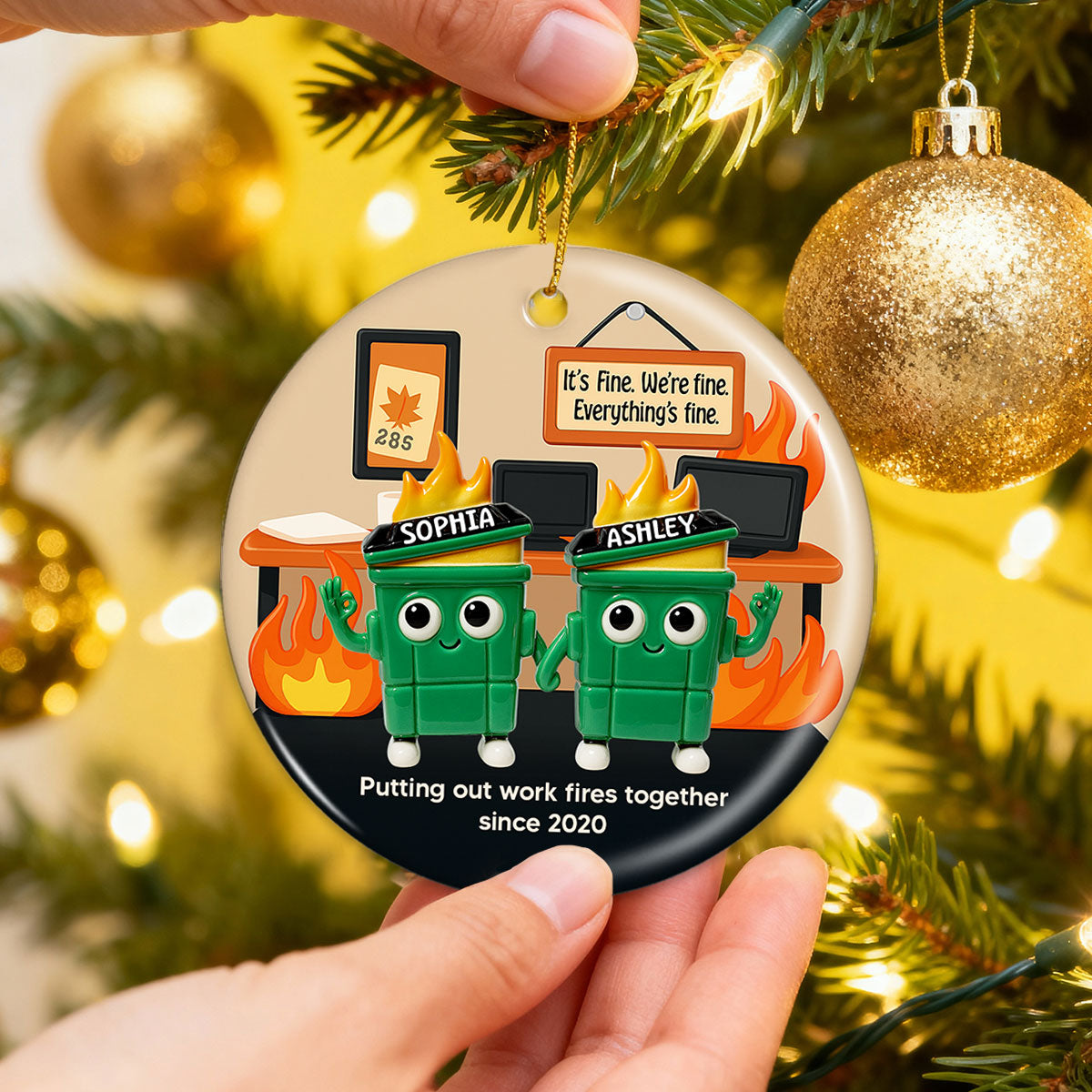 3D Effect Dumpster Fires In Office Scene - Personalized Ceramic Ornament - Funny Gift For Colleagues, Work Besties