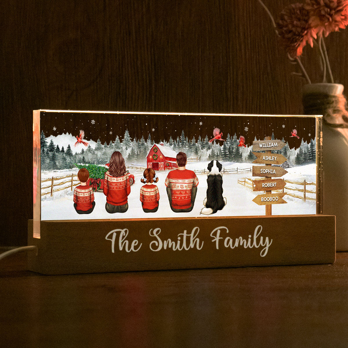 Christmas Family Sitting Truck Red Barn Personalized Acrylic Block LED Night Light