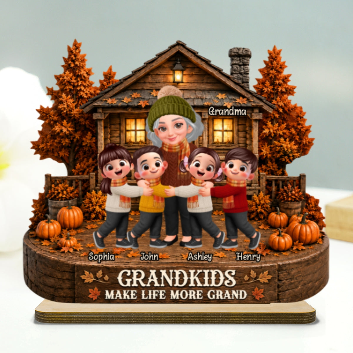 Grandma Grandkids Fall Season - Personalized 2-Layered Wooden Plaque - Gift For Wife, Grandmas