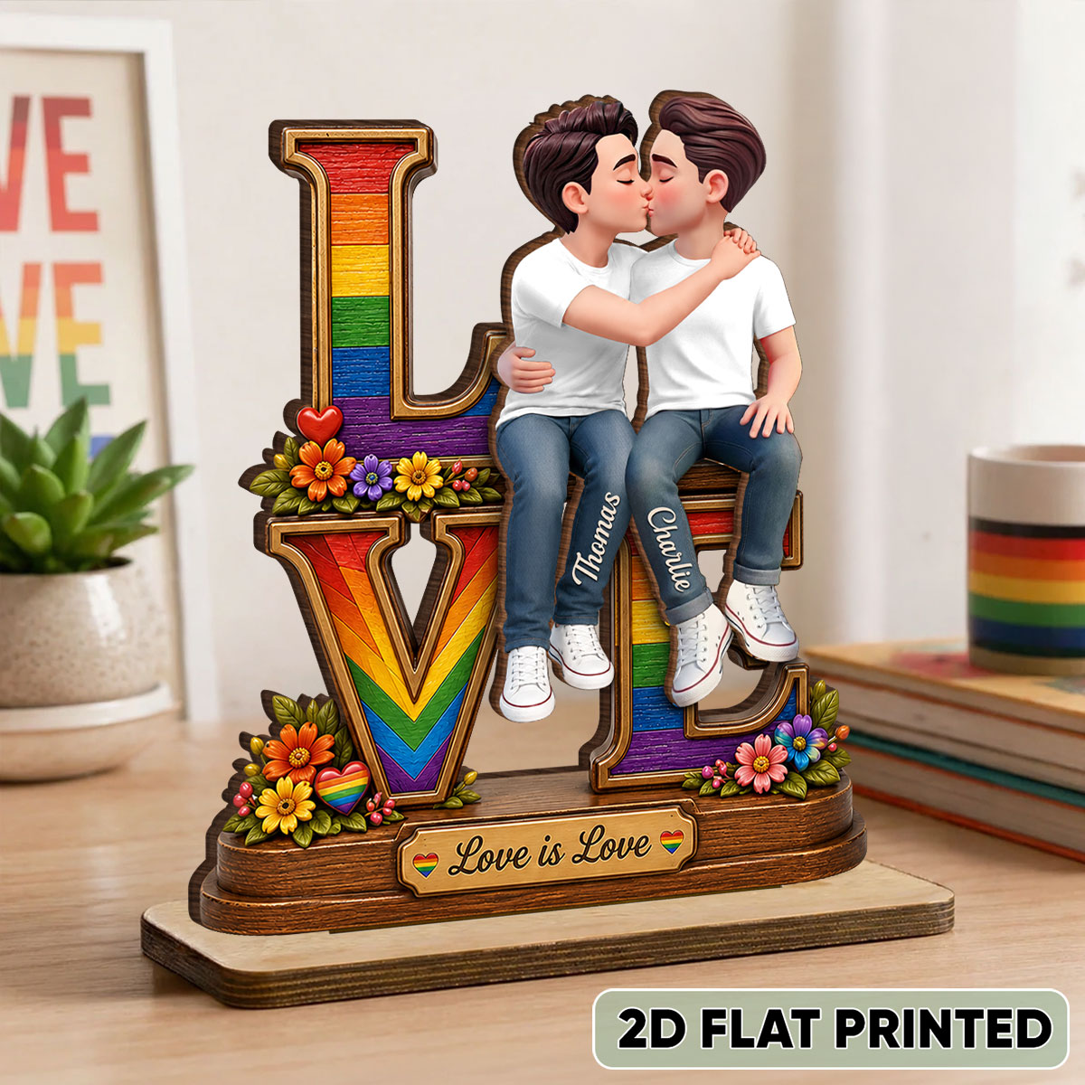 Love Is Love LGBT+ Couple Rose - Personalized 2-Layered Wooden Plaque - Gift For Couple, Happy Pride Month