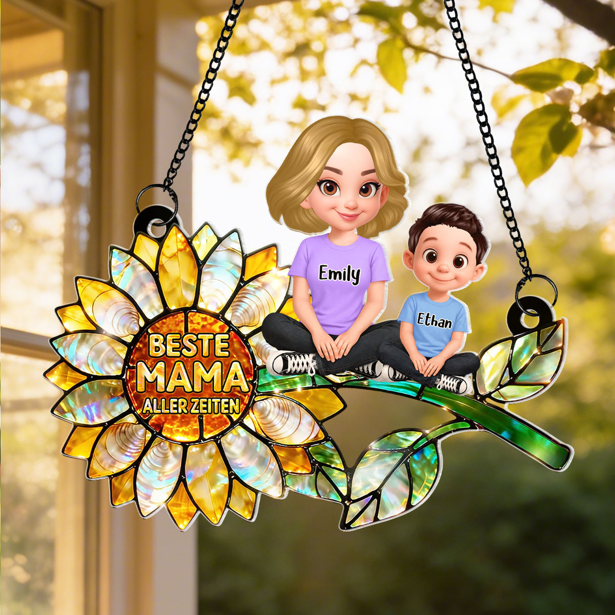 Sonnenblumen-Mama mit Kindern – Personalisierter Suncatcher fürs Fenster – Liebevolles Muttertagsgeschenk für Mama oder Ehefrau