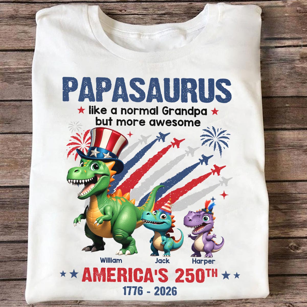 Grandpasaurus And Kids Patriotic Dinosaurs - Personalized Shirt - America's 250th Anniversary Keepsake