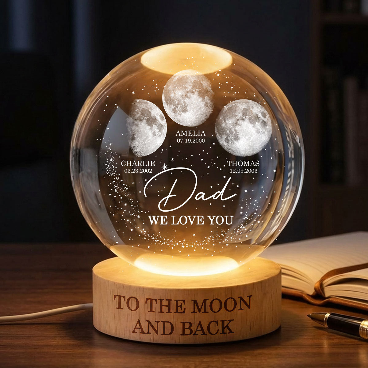 Love to the Moon and Back - Personalized Crystal Ball LED Night Light - Custom Moon Phase by Date,  Gift for Dad, Husband