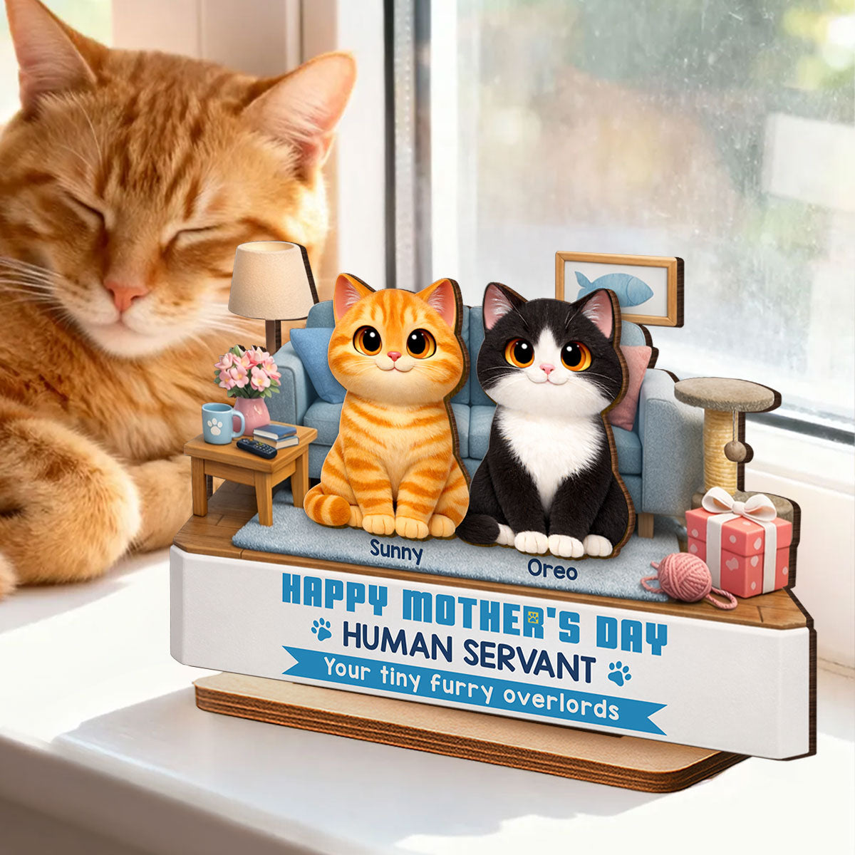 Cat Mom Cute Fluffy Cats Happy Mother's Day Human Servant - Personalized 2-Layered Wooden Plaque - Funny Mother's Day Gift For Cat Mom
