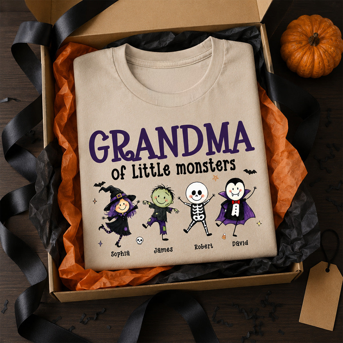 Grandma Mom Of Little Monsters Cute Doodle Characters - Personalized Shirt - Halloween Costume For Mom Grandma