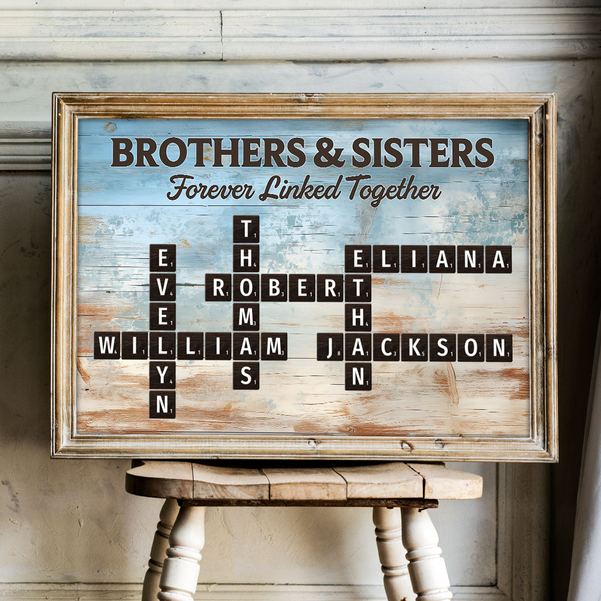 Brothers & Sisters Forever Linked Together Crossword Puzzle Art Blue Wood Palette - Personalized Poster - Gift For Siblings, Family