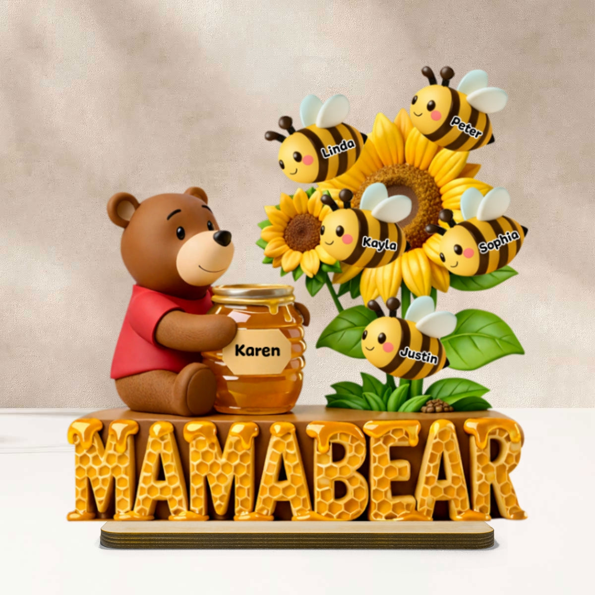 Mama Bear And Little Bees - Personalized 2-Layered Wooden Plaque - Heartfelt Gift For Mom, Grandma