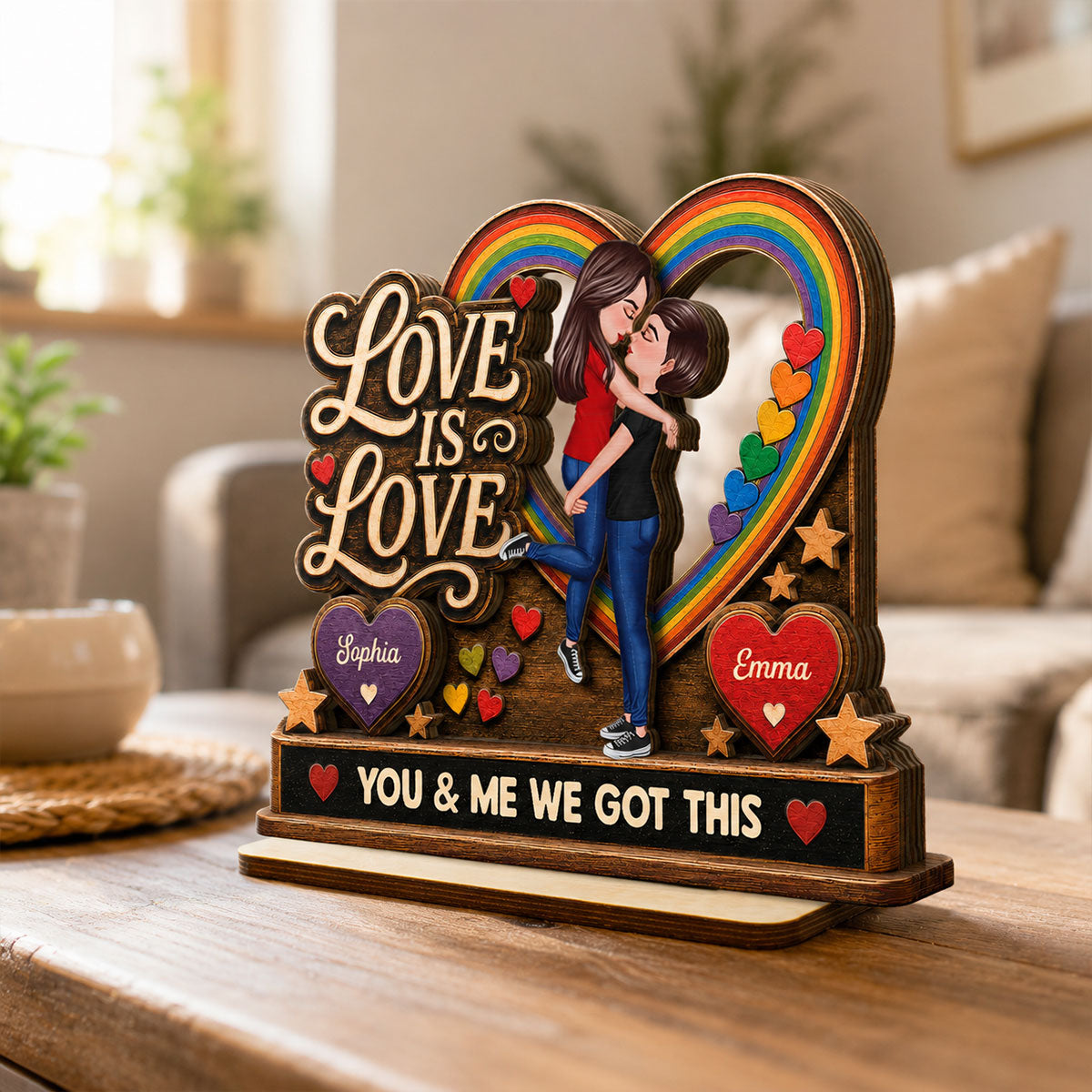 Love Is Love LGBTQ+ Couple Kissing - Personalized 2-Layered Wooden Plaque - Pride Month Gift For Couple