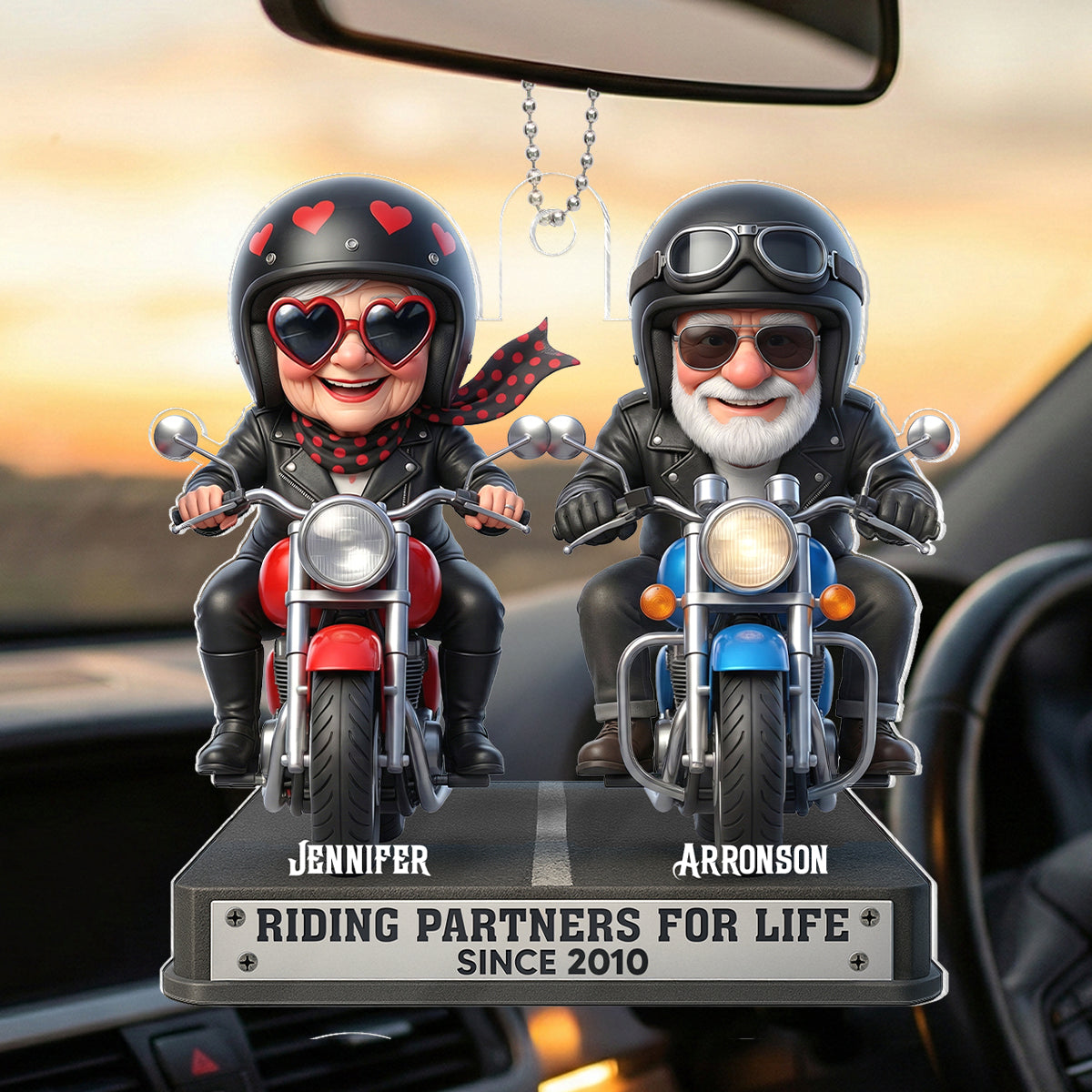 Old Biker Couple Riding Partners for Life - Personalized Acrylic Car Hanger - Sentimental Gift for her, for him