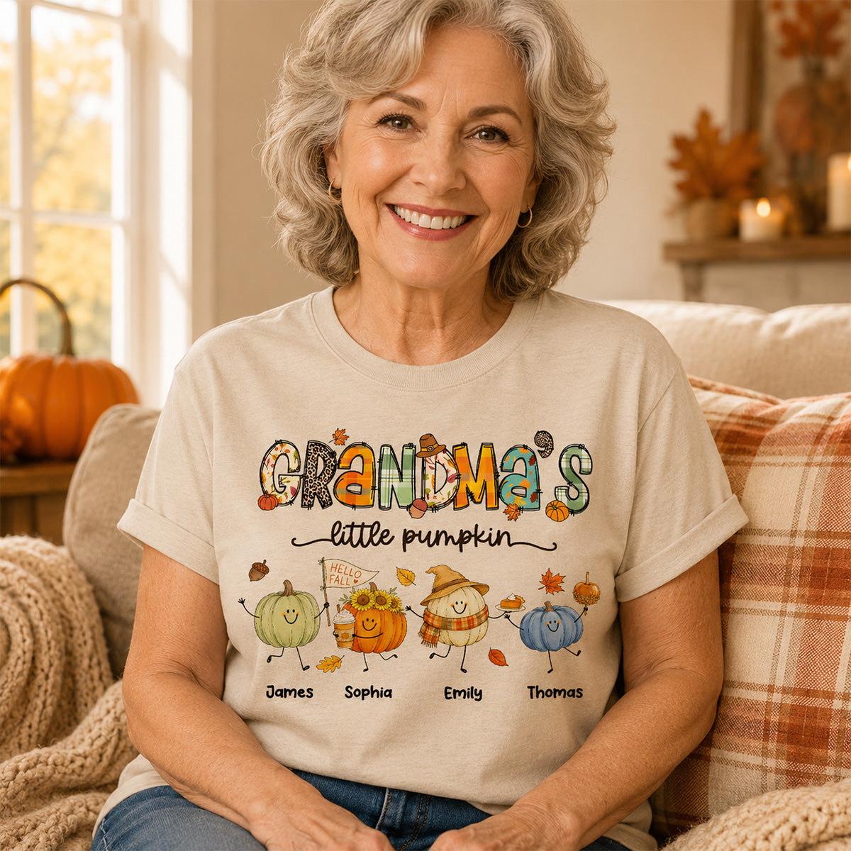 Grandma's Little Pumpkins Cute Doodle Pumpkins - Personalized Shirt - Fall Season Gift For Grandma, Mom