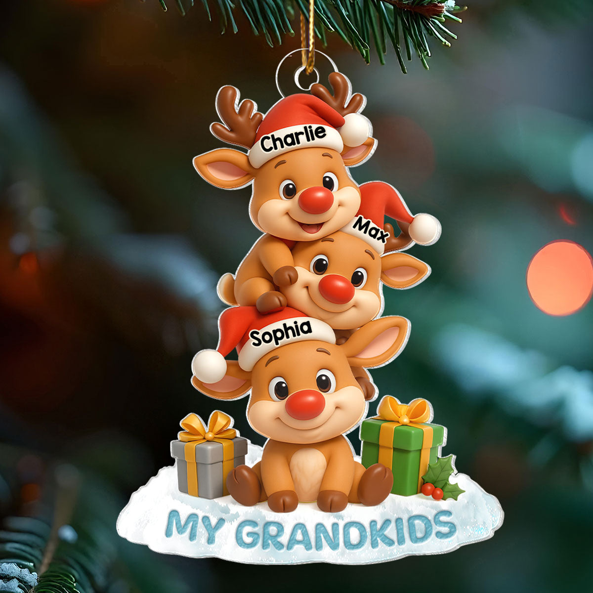 Cute Reindeer Grandkids - Personalized Acrylic Ornament - Christmas Gift for Grandma