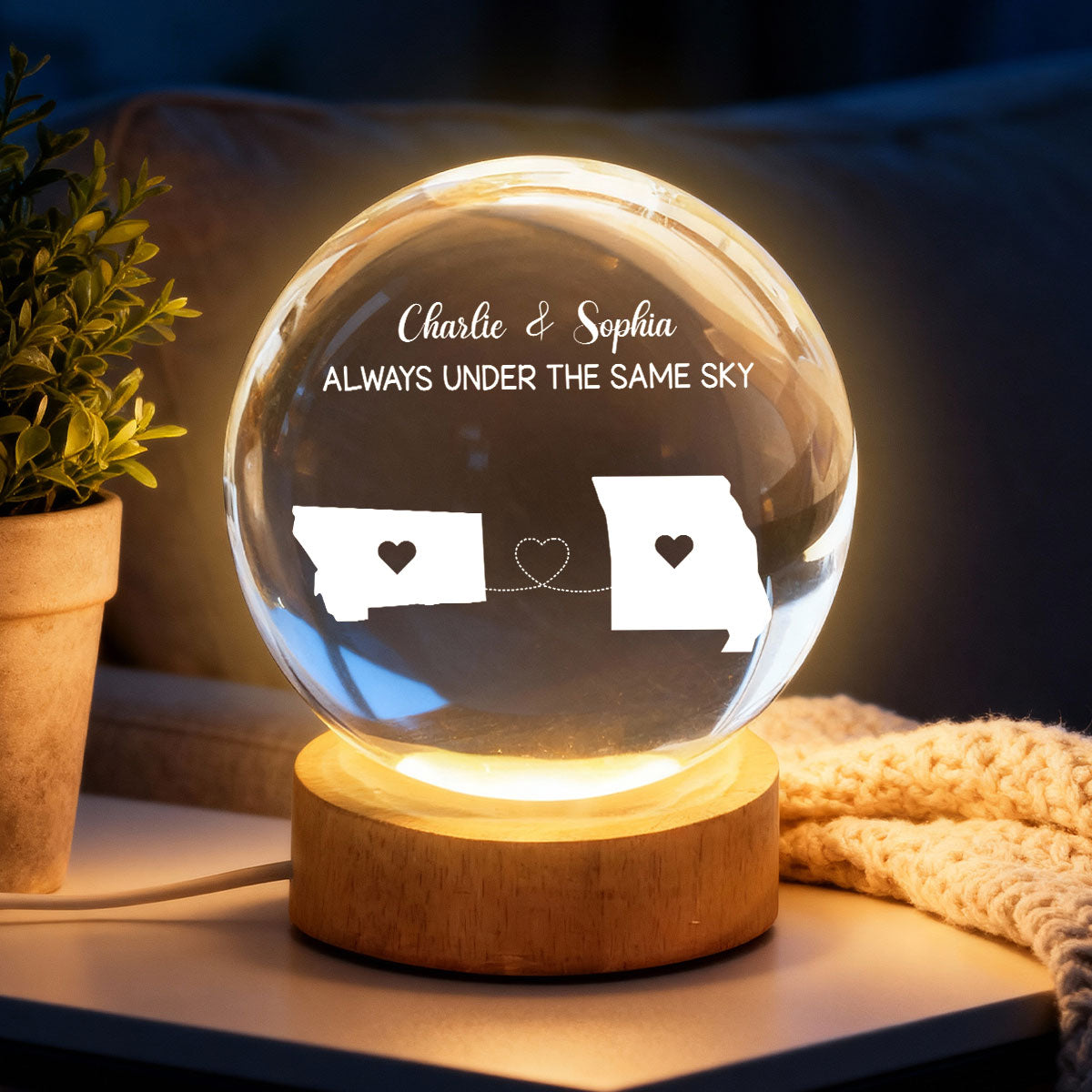 Long Distance Couple State Maps - Personalized Crystal Ball LED Night Light - Anniversary, Valentine's Day Gift, Gift For Him, Gift For Her