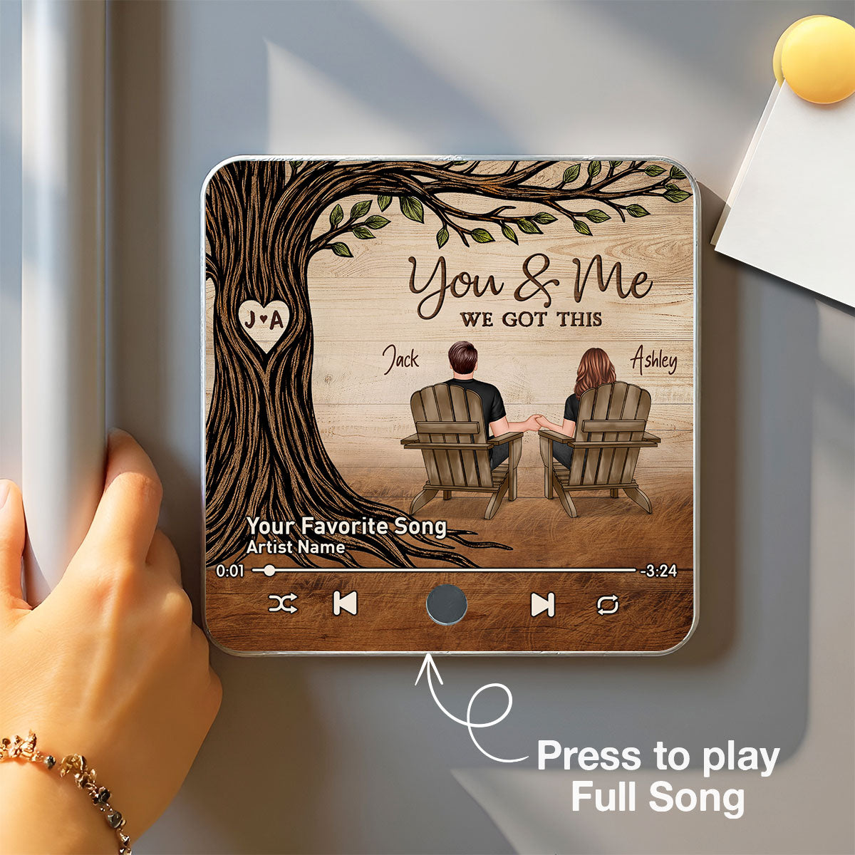 Couple Sitting Under Heart Carved Tree - Personalized Music Fridge Magnet - Valentine's Day Gift For Couple