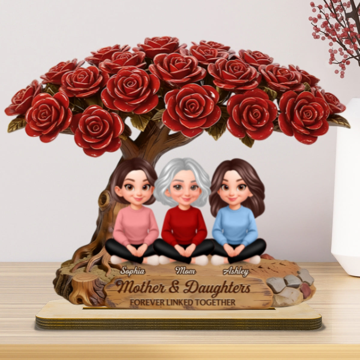 Vintage Rose Tree Mom And Daughter Son - Personalized 2-Layered Wooden Plaque - Gift For Mom