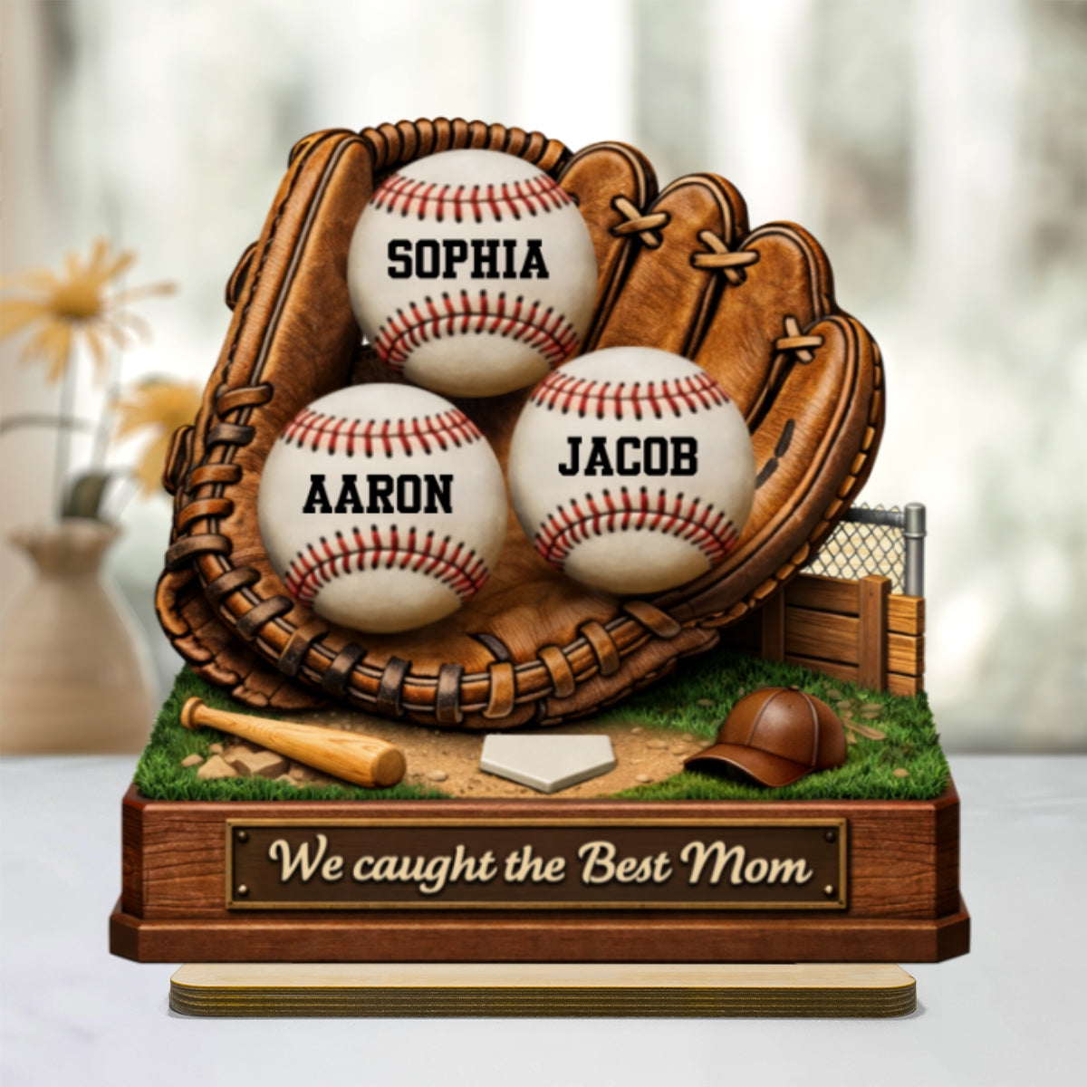 We Caught the Best Mom Baseball - Personalized 2-Layered Wooden Plaque - Sentimental Gift for Mom