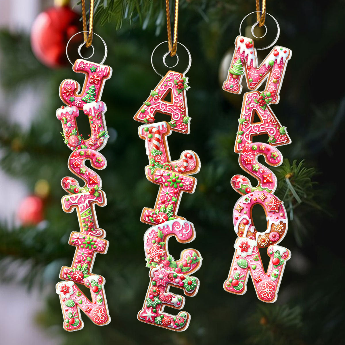 Pink Gingerbread Alphabet Custom Name - Personalized Acrylic Ornament - Christmas Tree Decor