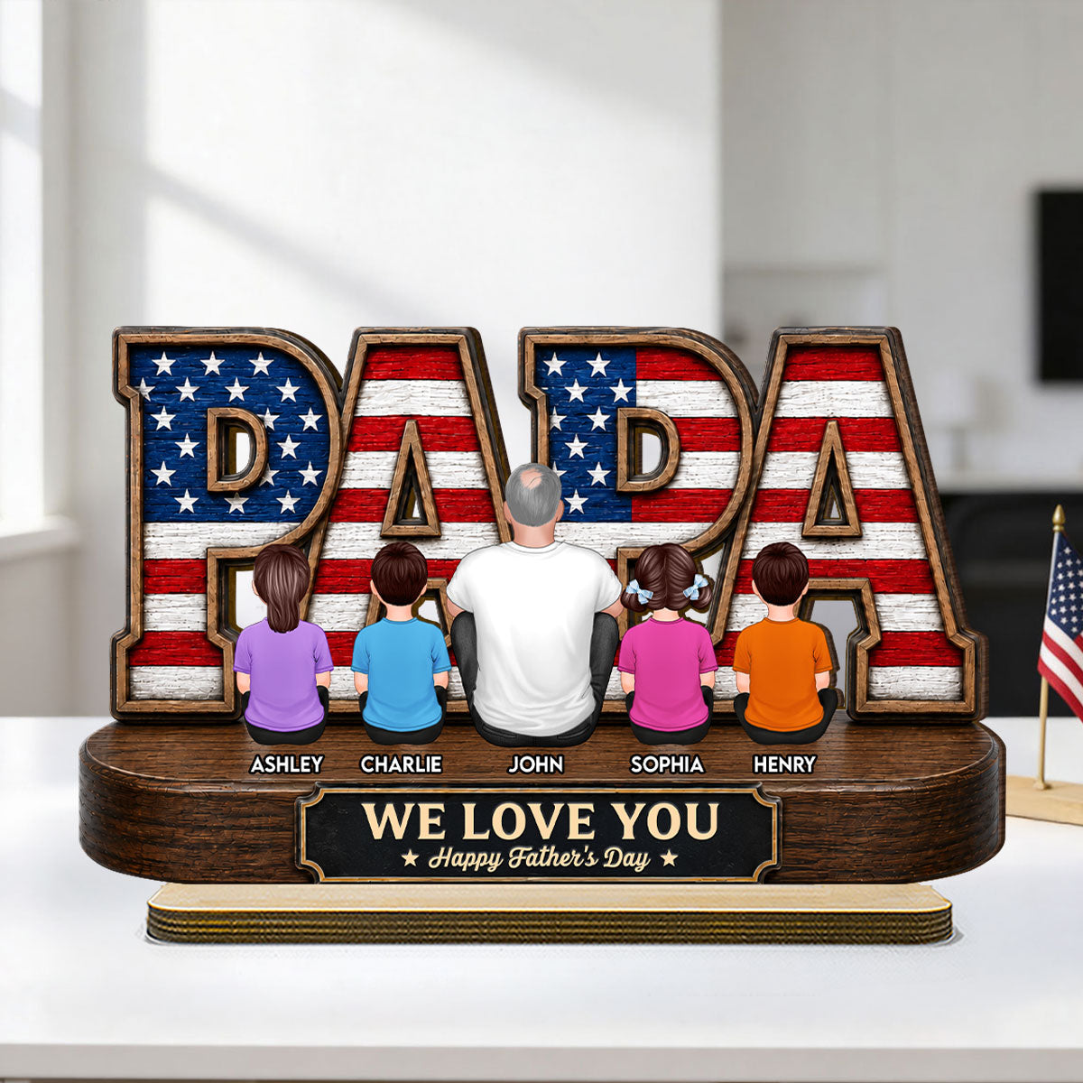 Proud Papa Grandpa Nation Flag Grandpa Dad And Kids - Personalized 2-Layered Wooden Plaque -  Gift For Dad, Husband