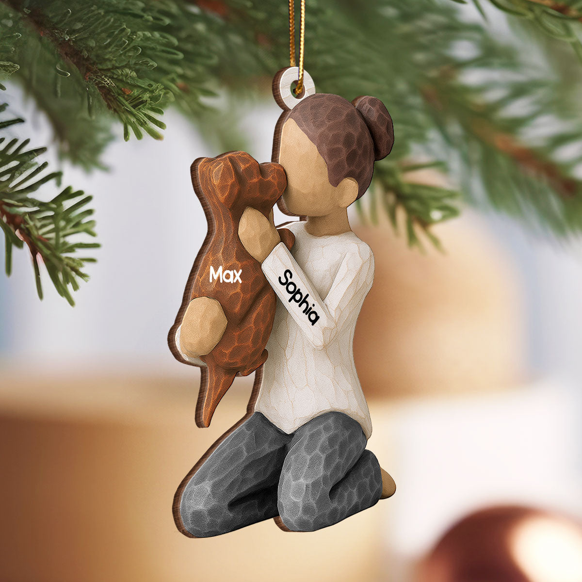 3D Effect Boy Girl Hugging Dog - Personalized Wooden Ornament - Christmas Gift For Dog Lovers