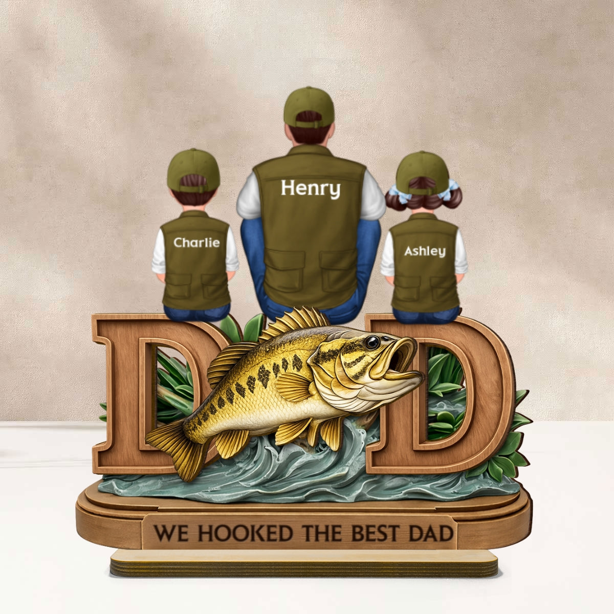Fishing Dad And Kids Sitting Together - Personalized 2-Layered Wooden Plaque - Heartfelt Gift For Dad, Gift For Husband