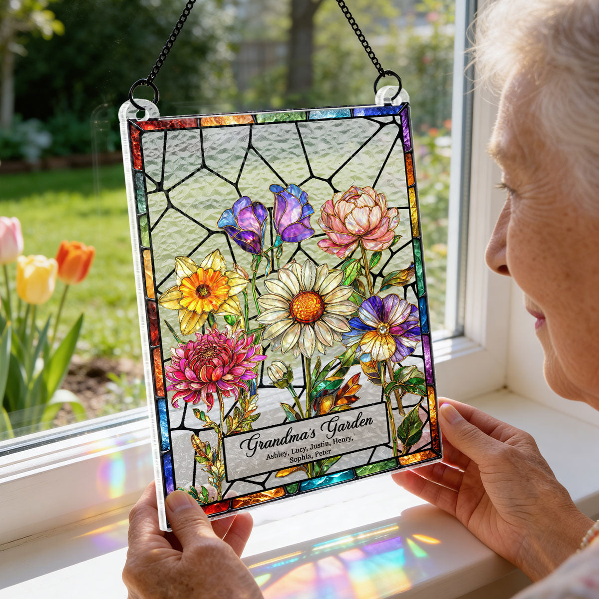Custom Birth Flowers Art Grandma Garden - Personalized Suncatcher - Sentimental Mother's Day Gift for Grandma, Mom, Wife