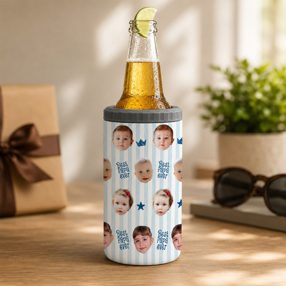 Custom Photo Stripe Theme - Personalized 4-In-1 Can Cooler - Father's Day Gift For Dad, Grandpa