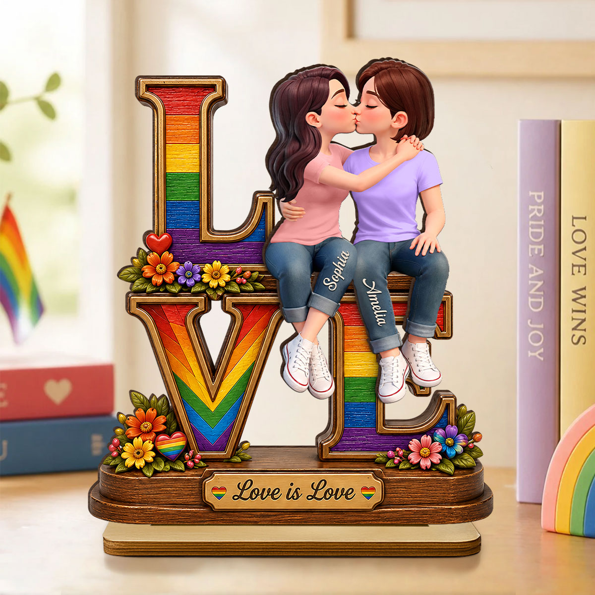 Love Is Love LGBT+ Couple Rose - Personalized 2-Layered Wooden Plaque - Gift For Couple, Happy Pride Month