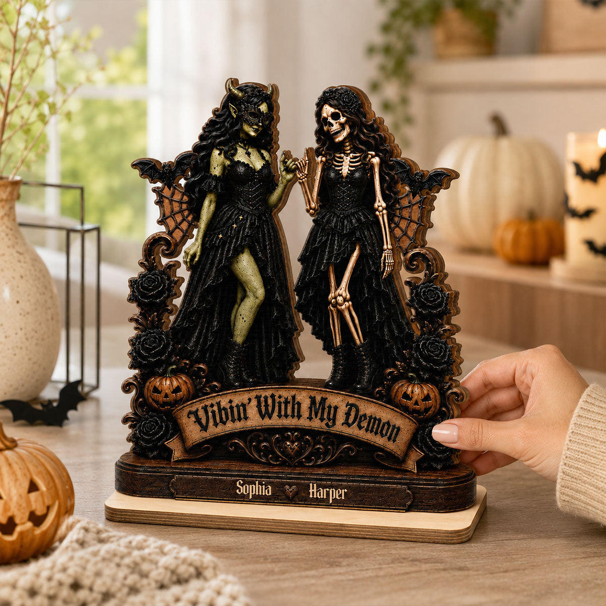 Vibin' With My Demon 2D Flat - Personalized Wooden Plaque - Halloween Decoration, Friendship Keepsake