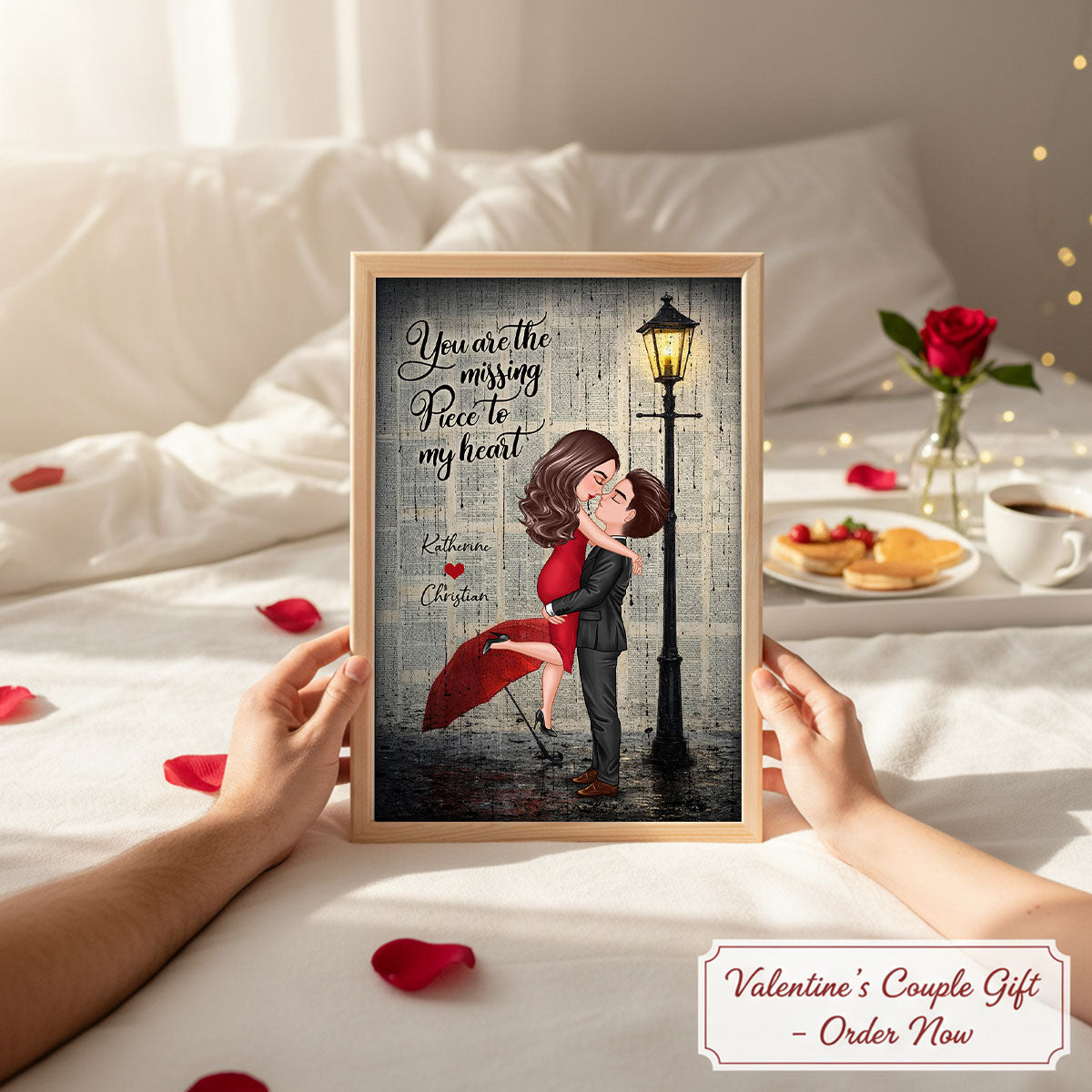 Vintage Newspaper Couple Hugging Kissing Under Lamp Post - Personalized Poster