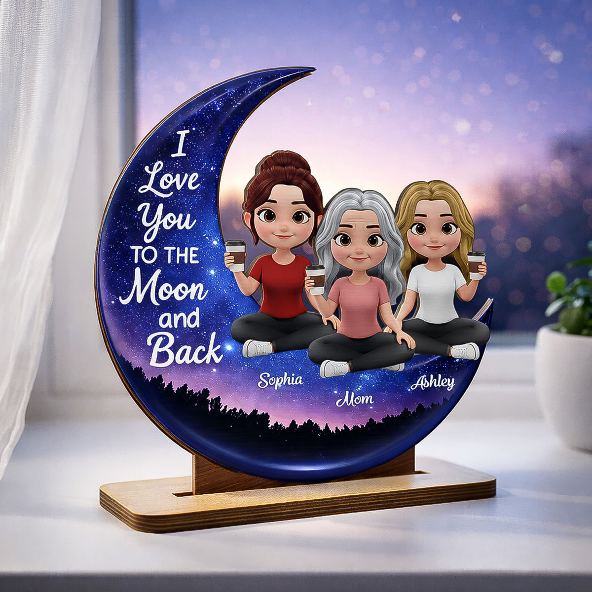 Mom And Daughters Love You To The Moon And Back - Personalized 2-Layered Wooden Plaque - Heartfelt Gift For Mom, Grandma