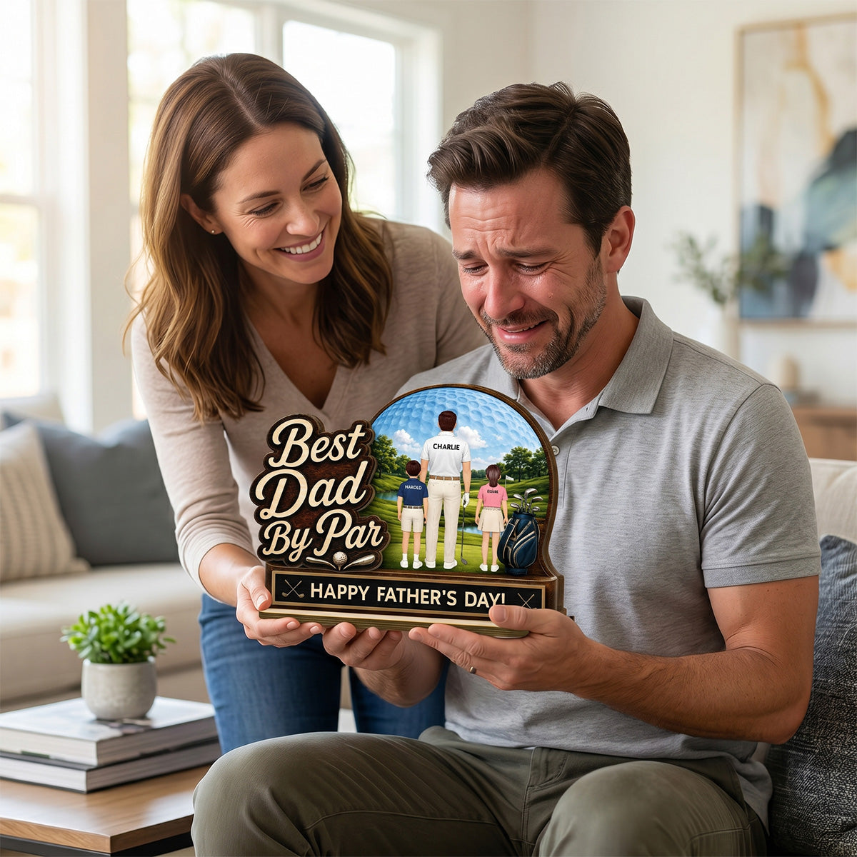 Best Dad By Par Custom Man & Kids Back View - Personalized 2-Layered Wooden Plaque -  Gift For Golf Dad