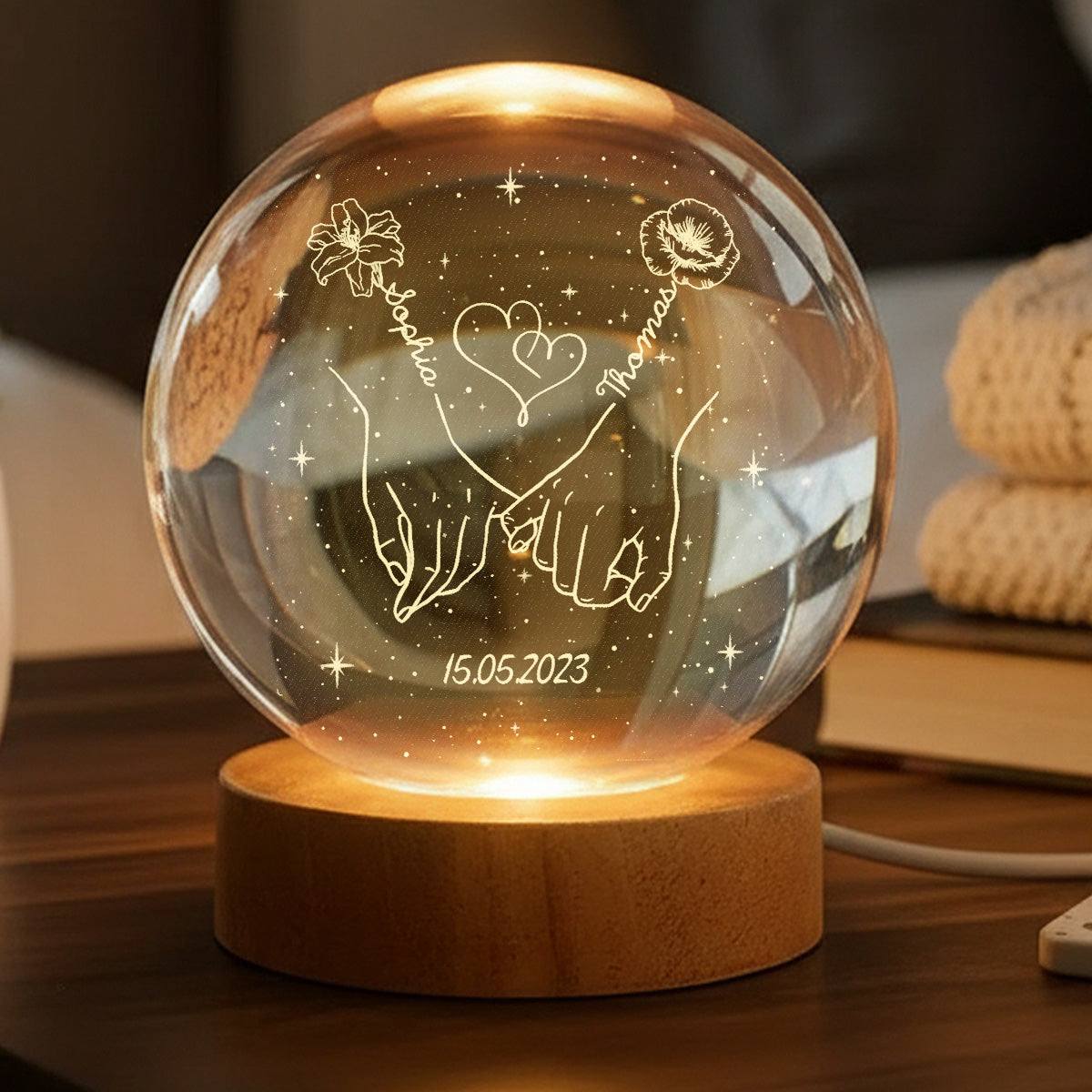 Eternal Love Couple Holding Hands Custom Birth Month Flowers - Personalized Crystal Ball LED Night Light - Valentine's Day Gift For Couple